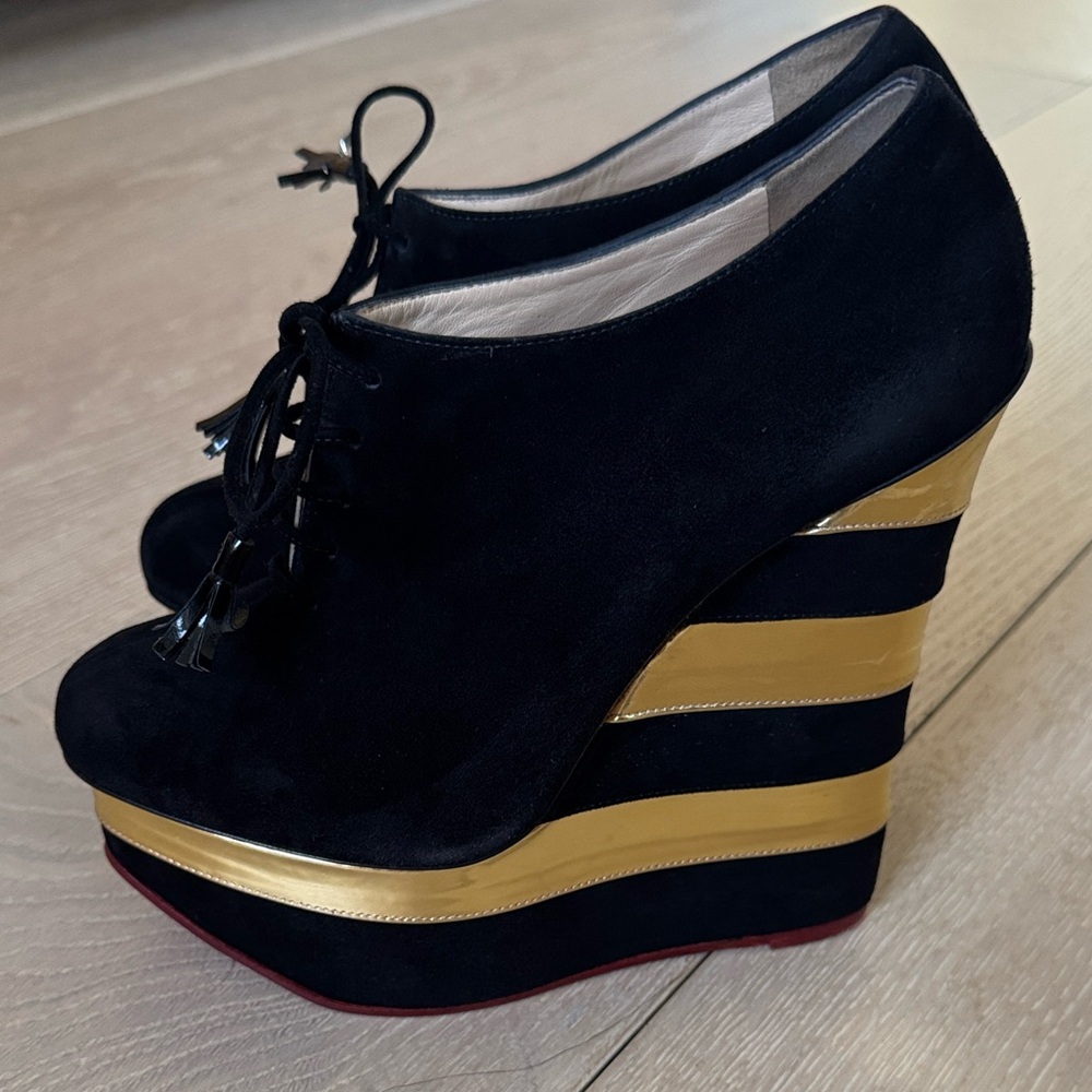 Charlotte Olympia Black and Gold Martha Platform Wedge Booties - Picture 2 of 9